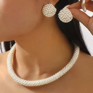 Fashionable Bridal Jewelry Set Pearl Elegant Exaggerated Geometric Pearl Earrings and Necklace