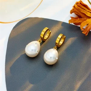 Fashionable C Ring Imitation Pearl Pendant Earrings Zircon Encrusted Pigeon Egg Water Droplet Shaped Earrings Women