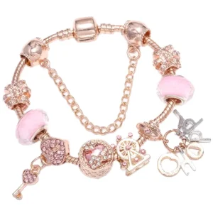 Fashionable Charm Bracelet for Women Rose Gold Bead with Charms Heart-Shaped Crystal Rhinestone Anniversary Jewelry