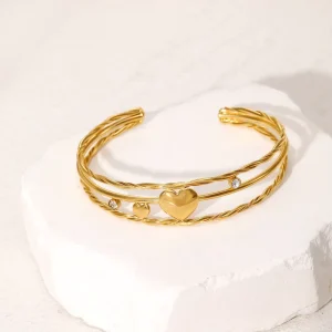 Fashionable Creative Versatile Three-layer Heart-shaped Open-ended Gold-plated Stainless-steel Bracelet