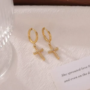 Fashionable Cross Zircon Pendant Gold Plated Geometric Drop Earrings Stainless Steel Trendy Jewelry for Women Party Occasion