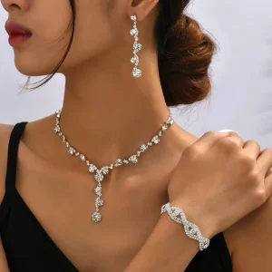 Fashionable Crystal Water Diamond Necklace Stud Earrings Bracelet Three Piece Jewelry Accessory Set Wedding Decoration Set