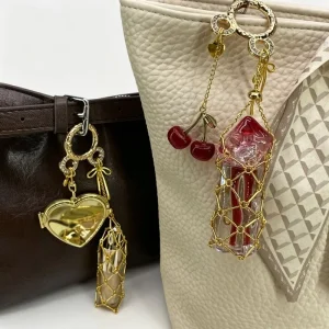 Fashionable Cute Stainless Steel Lipstick Holder Keychain with Cherry Pendant & Mirror Portable Lip Balm Bag Charm for Women