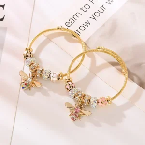 Fashionable DIY Stainless Steel Bracelet with diamond Inlaid Bee Pendant Adjustable Best Friend Bracelet Wristband