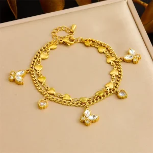 Fashionable Dinky Butterfly Bracelet Vintage Heart Diamond Bracelet Double Layer Jewelry for Women Gold Plated