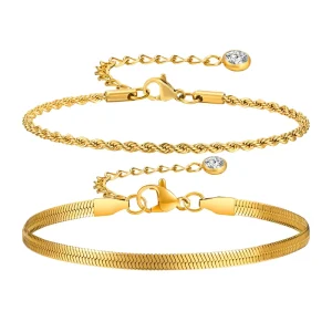 Fashionable Double layer Stainless Steel Blade Chain with Twisted Chain and Zircon Inlay Women’s Geometric Bracelet