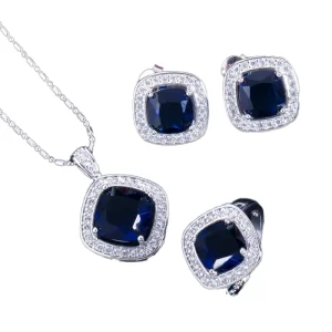 Fashionable European American Wedding Jewelry Set Square Royal Blue Zircon Rhodium Plated Luxury Elegant Jewelry