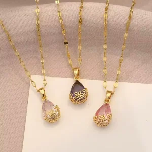 Fashionable Exquisite and Luxurious Water Droplet Shaped Zircon Stainless Steel Mermaid Tear Pendant Necklace for Women