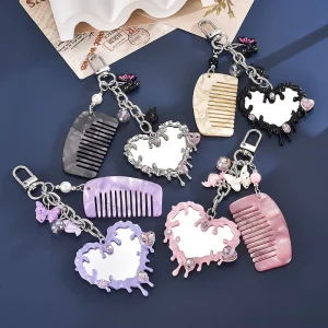 Fashionable Fluid-Style Heart-Shaped Mirror Bag Charm Acrylic Resin Lucite Butterfly Phone Pendant Keychain Hanging Chain