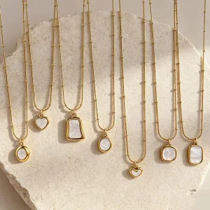 Fashionable Geometric Stainless steel Pendant Necklace Heart shaped White Shell Light Luxury Premium Feel Bamboo Chain 18K Gold
