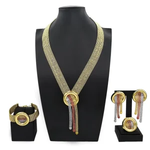 Fashionable Gold Plated Mesh Jewelry Set Tri Tone Tassel Statement Necklace Bracelet & Earrings HS2501025