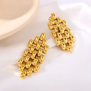 Fashionable Gold Plated Stainless Steel Geometric Splicing Hollow Drop Earrings Versatile Luxury Women’s Party Earrings