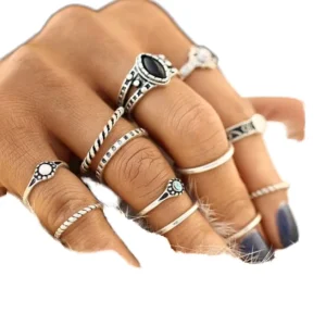 Fashionable Gold & Silver Resizable Alloy Rings 12pcs Set for Women for Wedding Engagement Party or Gift