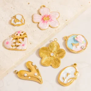 Fashionable Handmade DIY Stainless Steel Charm Pendant 18K Gold Plated Heart Charm Pendant Flower Pendant Accessories