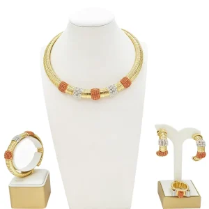 Fashionable High end Jewelry Set Colorful 3 Tones American Necklace Earrings Ring