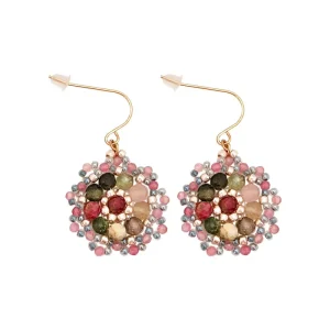 Fashionable Jewelry Bohemian Handmade Natural Stone Color Rice Beaded Flower Hook Earrings for Women