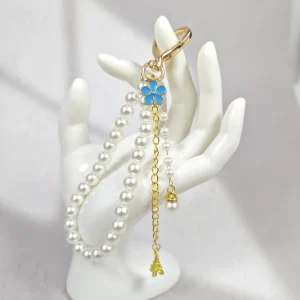 Fashionable Keychains for Girls with Pearl Bracelet Pendant Enamel Flowers the Eiffel Tower Pearl Keychain Pearls Charms Gift