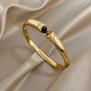 Fashionable Lady’s Jewelry Natural Tiger Eye Stone Bracelet Made of Stainless Steel 18K Gold Plated Open Ended Bracelet