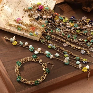 Fashionable Multi-style Stainless Steel Beaded Natural Stone Multi-layer Bracelet with Exquisite Accessories and Natural Stones
