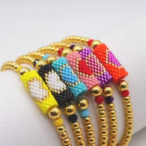Fashionable New Design High Quality Miyuki Gold and Colorful Beads Bracelet Adjustable Handmade Heart Design Bracelet