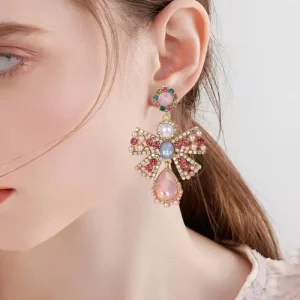 Fashionable Pearl Color Crystal Glass Metal Bow Earrings Elegant Sweet Retro Earrings Jewelry