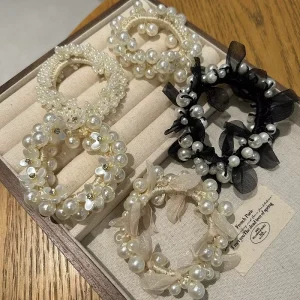 Fashionable Pearl Mesh Hair Ring All Match Camellia Ponytail High Elastic Durable Handmade Hair Rope Headwear