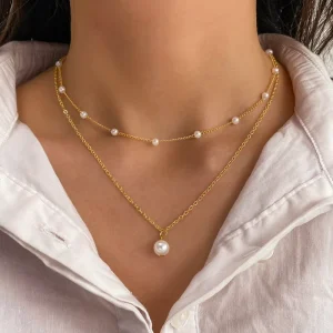 Fashionable Pearl Pendant Necklace for Women Girls Gold Plated Double Layer Necklace Summer Jewelry