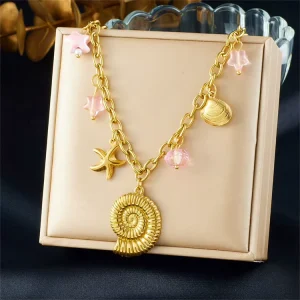 Fashionable Personality Trendy Multi element Conch Starfish Shell Accessories Pendant Gold plated Stainless Steel Punk Necklace