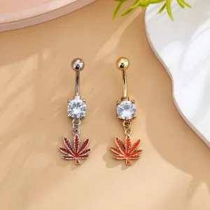 Fashionable Personalized Maple Leaf Belly Button Ring Stainless Steel Zircon Body Jewelry for Women