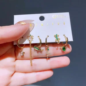 Fashionable Personalized Small Animal Earring Set Green Zircon Turtle Crocodile Gecko Spider Snake Earrings Set