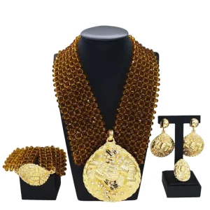 Fashionable Plated Gold Jewelry Sets Brown Beads Necklace Bracelet Jewelry Set Favors Women’s Costume Pendant H40027