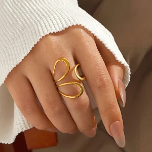 Fashionable Retro Hip Hop Minimalist Style Exaggerated Lines Hollow Stainless Steel Ring for Women