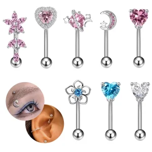 Fashionable Shiny Cubic Zirconia Inlaid Heart, Moon, and Flower Shaped Eyebrow Ring, Eyebrow Stud, and Earring
