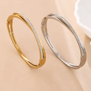 Fashionable Simple 316 Stainless Steel Bracelet Gold Silver Cubic Zircon Hollow Bangles PVD 18K Gold Plated Jewelry for Women