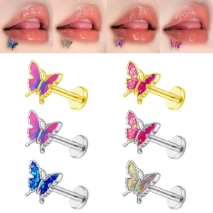 Fashionable Simple Butterfly Multicolor Enamel T-Bar 16G Lip Stud Ear Stud Piercing Jewelry