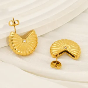 Fashionable Simple Stainless Steel Fan-shaped Trendy Geometric Vertical Stripe Design Diamond-studded Titanium Steel Earrings
