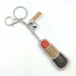 Fashionable Splicing Color Rhinestone Korean Bags Lipgloss Shape Pendant Fashion Leather Rhinestone Bling Lipstick Keychain