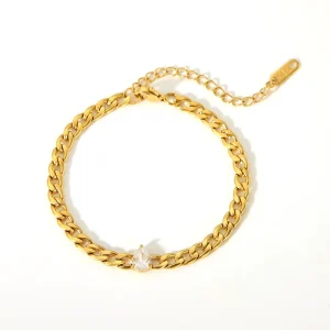 Fashionable Stainless Steel 18K Gold Plated Retro Cuban Link White CZ Crystal Waterproof Bracelets for Girls