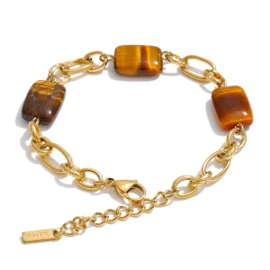 Fashionable Stainless Steel Chunky Chain Necklace Stone Bead Waterproof Bracelet for Women