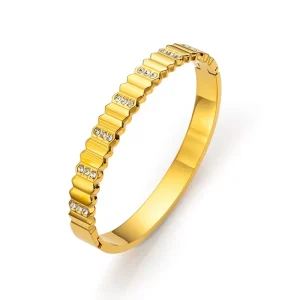 Fashionable Three dimensional Square Grid Electroplated Stainless Steel Zircon Office Career High end Metallic Feel Bangles