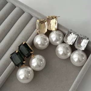 Fashionable Trendy Square Zircon Pearl Ear Accessories Black, Gold and Silver Color Versatile Drop Earrings
