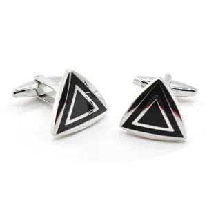 Fashionable Triangle Shape Cufflinks in Black and Silver Hard Enamel for Men’s Wedding Party French Business Shirts
