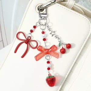 Fashionable Versatile High Appearance College Style Red Bow Strawberry Cherry Pendant DIY Keychain Bag Hanging Accessory