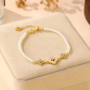 Fashionable Vintage Copper Chain & Link Flower Pendant Bracelet with Imitation Pearl Beads Romantic and Versatile Gift