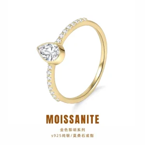 Fashionable Vintage Waterdrop shaped Pear cut Moissanite Ring Crafted 925 Sterling Silver Golden Pave Setting Unisex