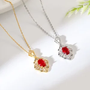 Fashionable Wedding Gifts High end Jewelry Original Design Diamond Shaped Micro Inlaid Red Zircon Necklace for Women