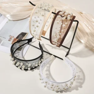 Fashionable Women Hair Accessories Luxury Full Large Small Pearl Headband Wide Edge Temperament Mesh Headband for Women
