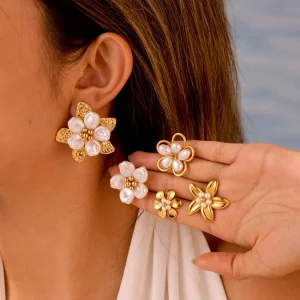 Fashionable Women’s Designer Stainless Steel Pearl Flower Stud Earrings