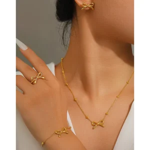 Fashionable Women’s Jewelry Sets 18k Gold Plated Stainless Steel Bow Necklace, Bracelet and Earrings Set ALN0513-100