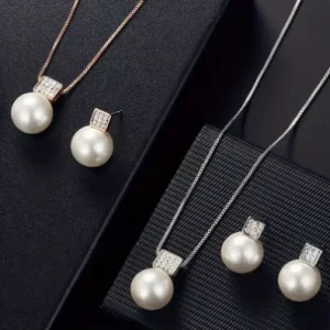 Fashionable Women’s Pearl Necklace and Earring Jewelry Set Featuring a Simple Square Rhinestone Pendant N2010238